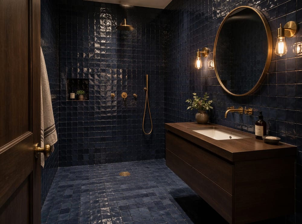 Zellige blu navy profondo con scarico e rubinetteria in ottone
