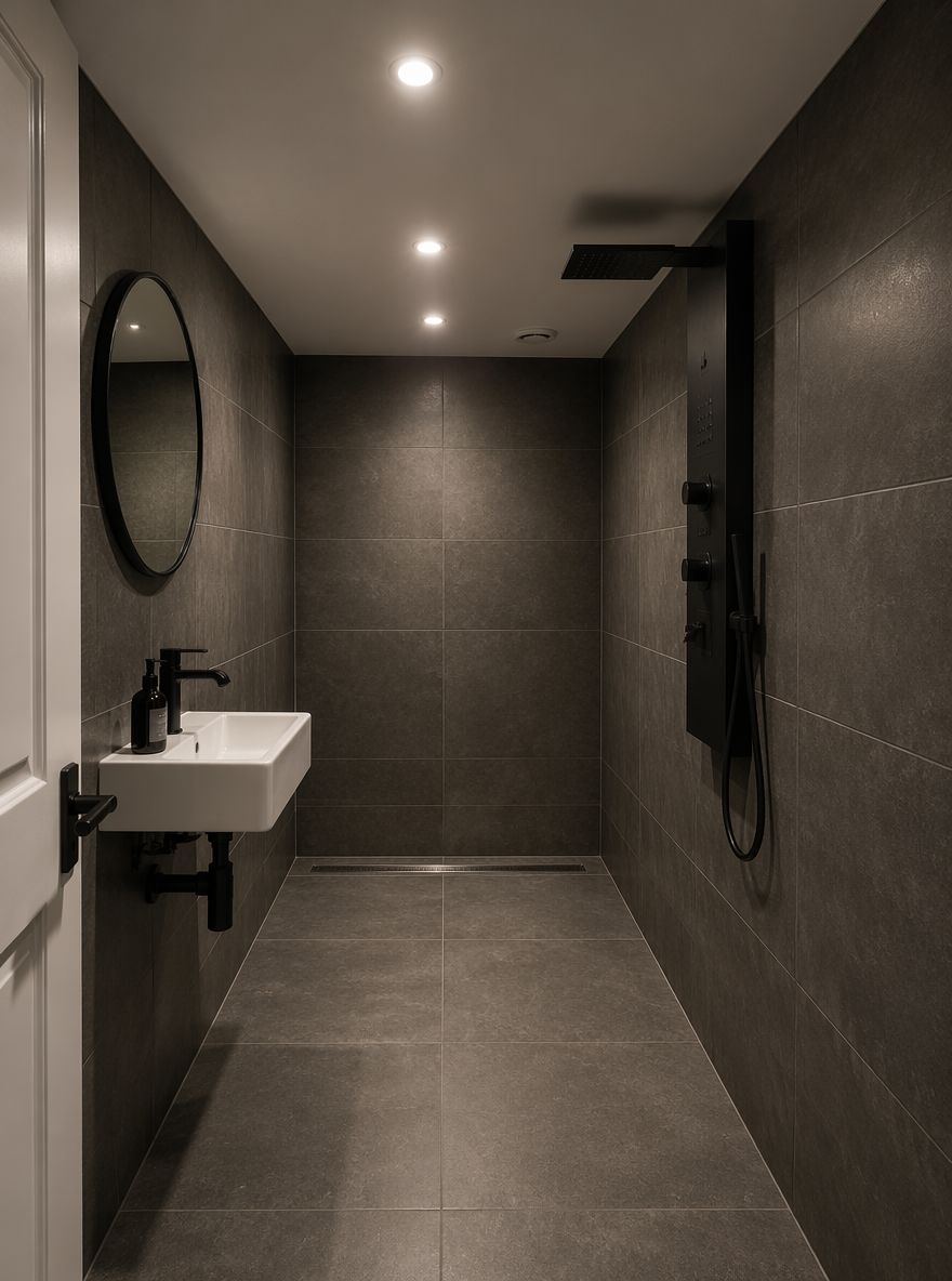 Bagno open space seminterrato, piastrelle grigio scuro ovunque