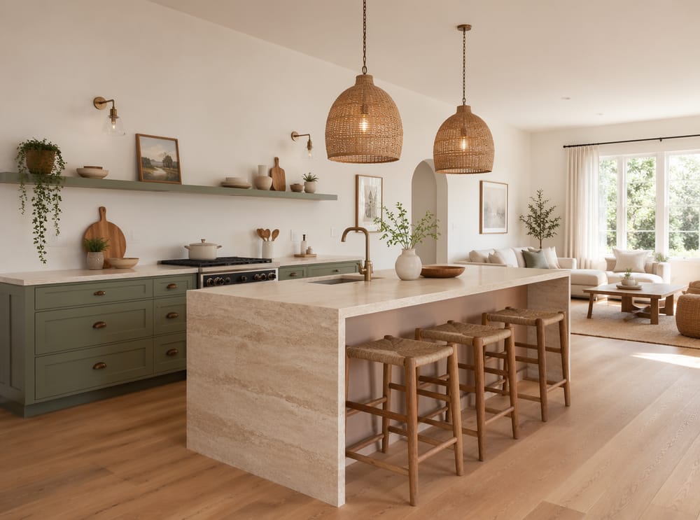 Cocina de concepto abierto con isla de travertino tipo cascada