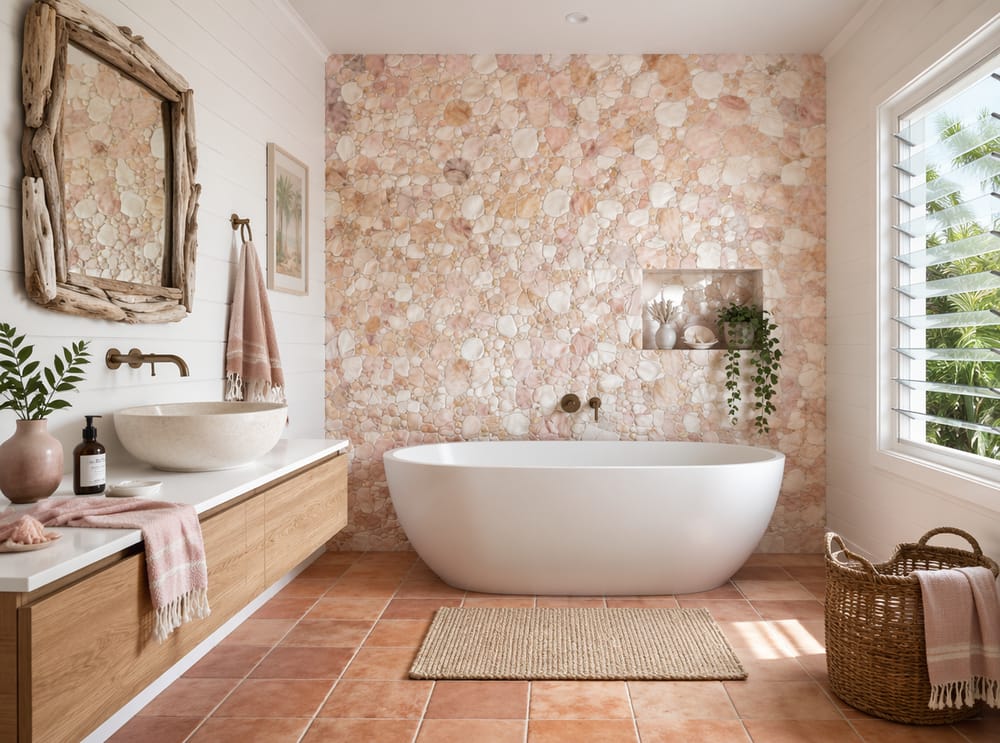 Pared trasera de mosaico de conchas, espejo de madera flotante, cesta de ratán