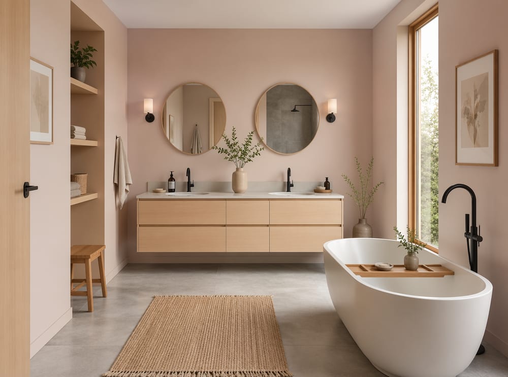 Baño escandinavo beige-rosado, tocador doble de abedul