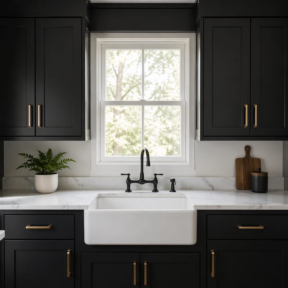 Fregadero de granja enmarcado por muebles shaker negros altos