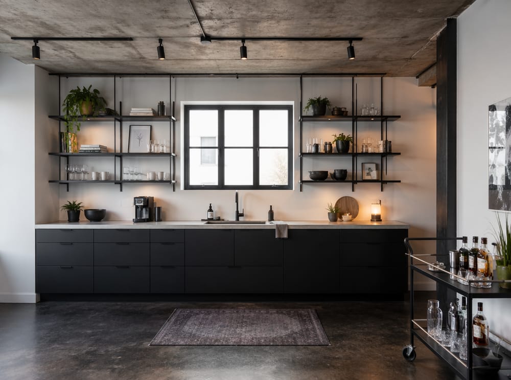 Estantería metálica abierta sobre muebles bajos de panel negro