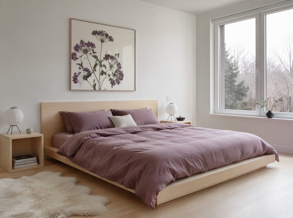 Cama plataforma baja de abedul con lino malva grisáceo