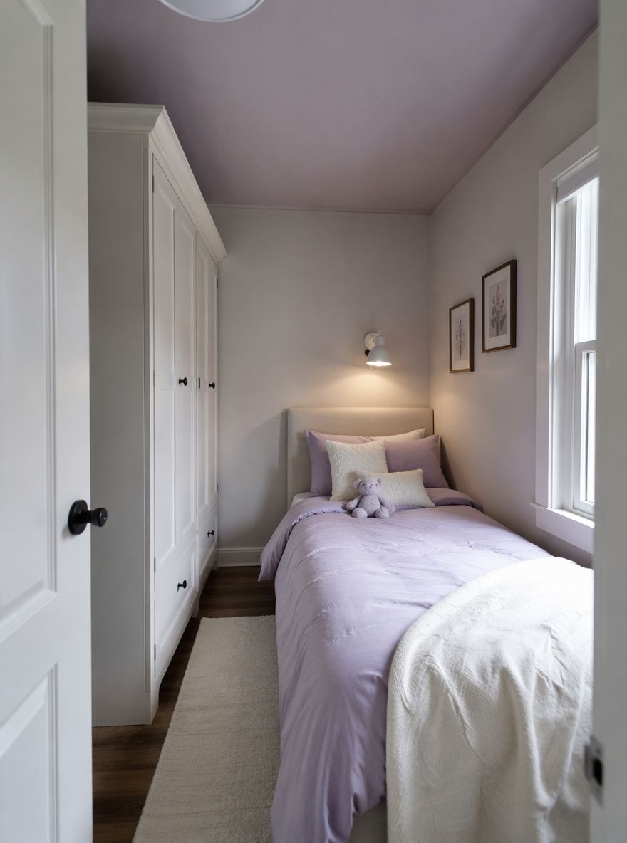 Techo lavanda en dormitorio estrecho, efecto acogedor
