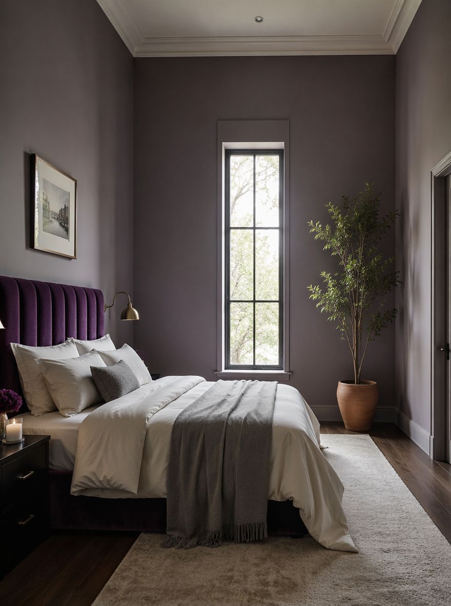Cabecero de terciopelo violeta junto a ventana alta y estrecha