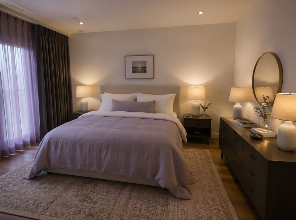 Edredón lavanda opaco, credenza de roble ahumado y cortinas en capas