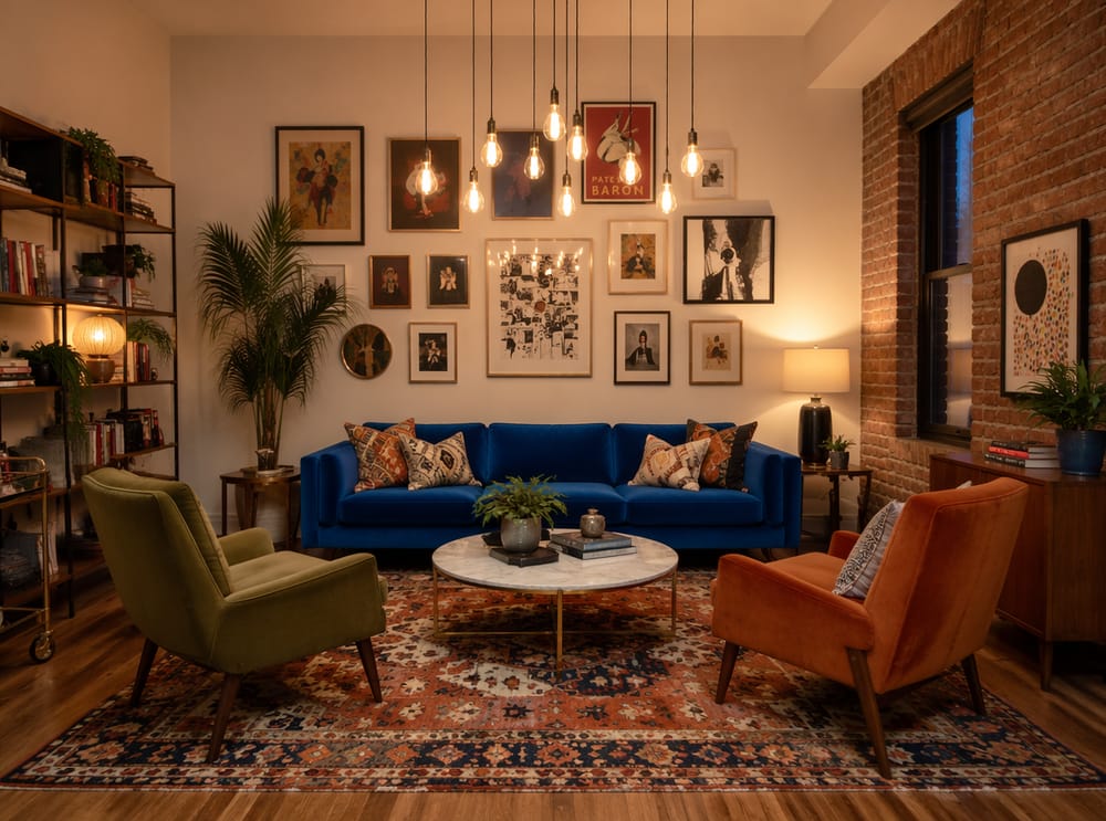 Divano in velluto blu elettrico, parete gallery eclettica sopra