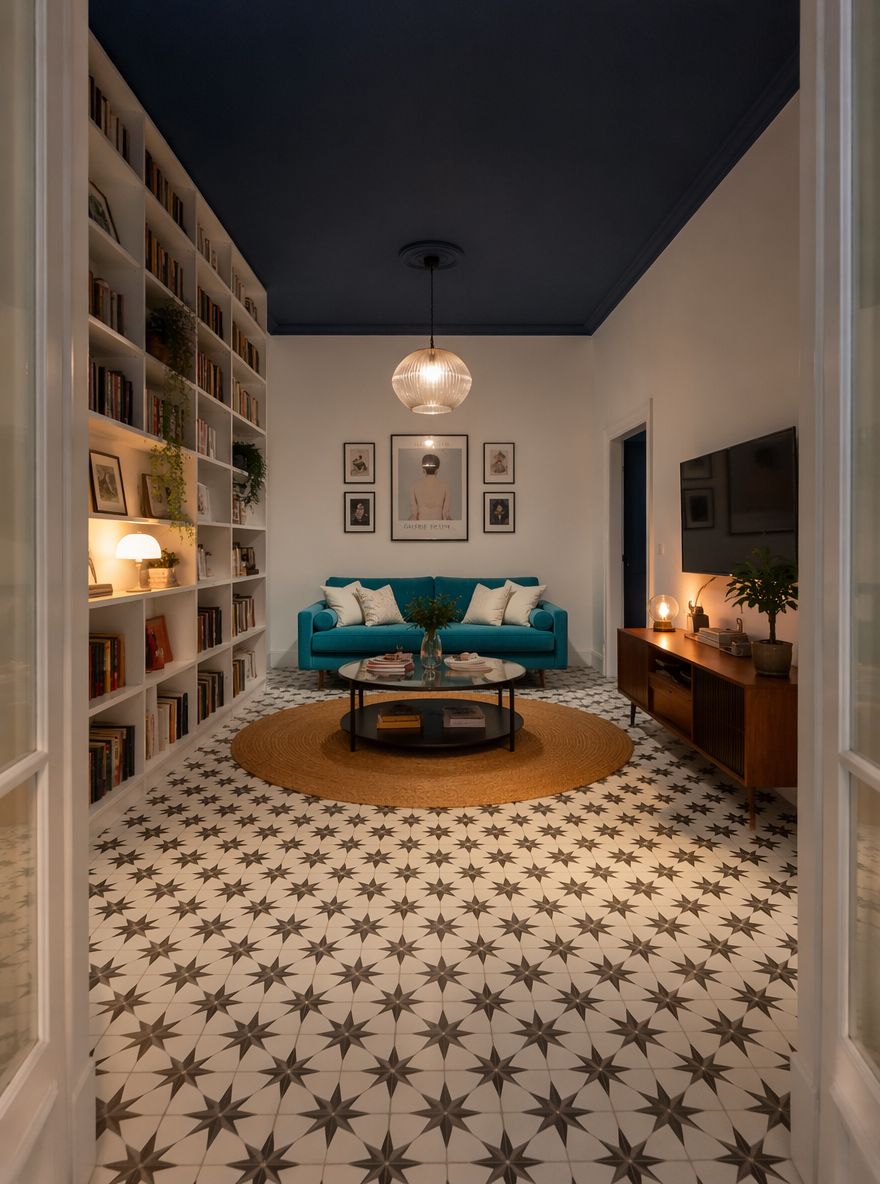 Divano blu pavone, soffitto navy scuro, libreria alta