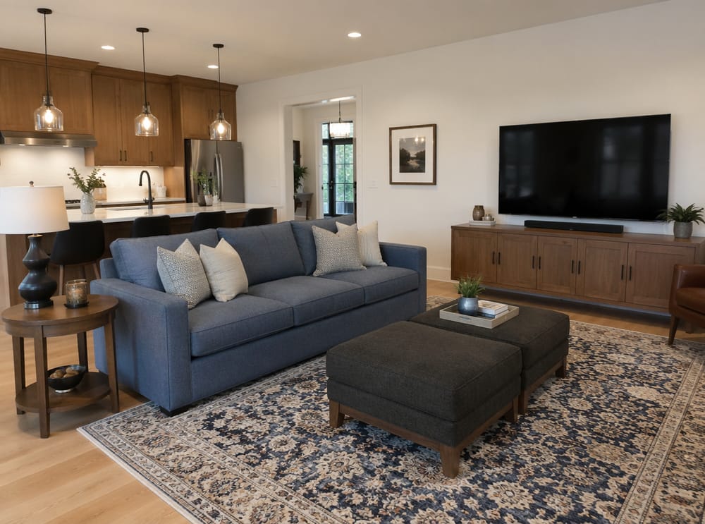 Divano blu ardesia che divide living open space e cucina