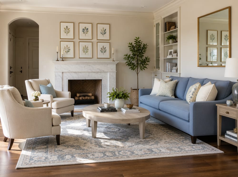 Divano blu Wedgwood di fronte al camino in marmo, stampe botaniche