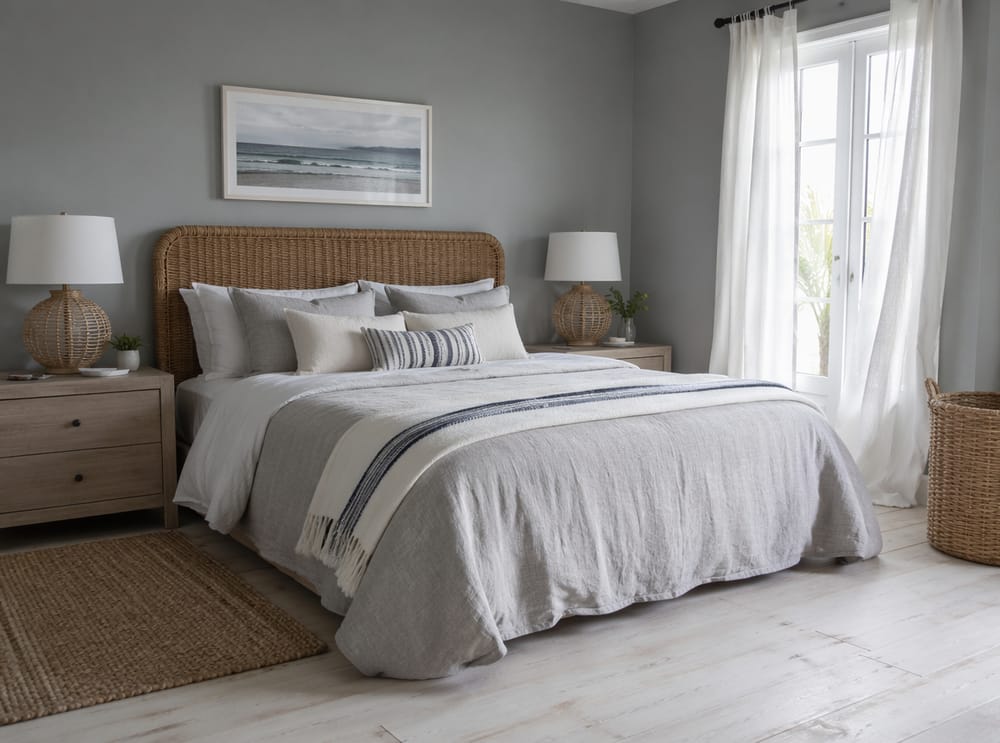 Testiera in rattan e righe navy in camera blu-grigia