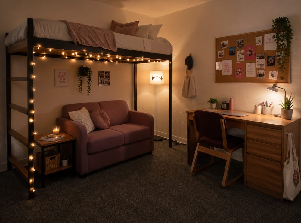 Levandulové sofa vyplňuje prostor pod patrovou postelí