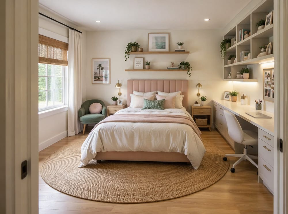 Blush headboard, sage accent chair in corner