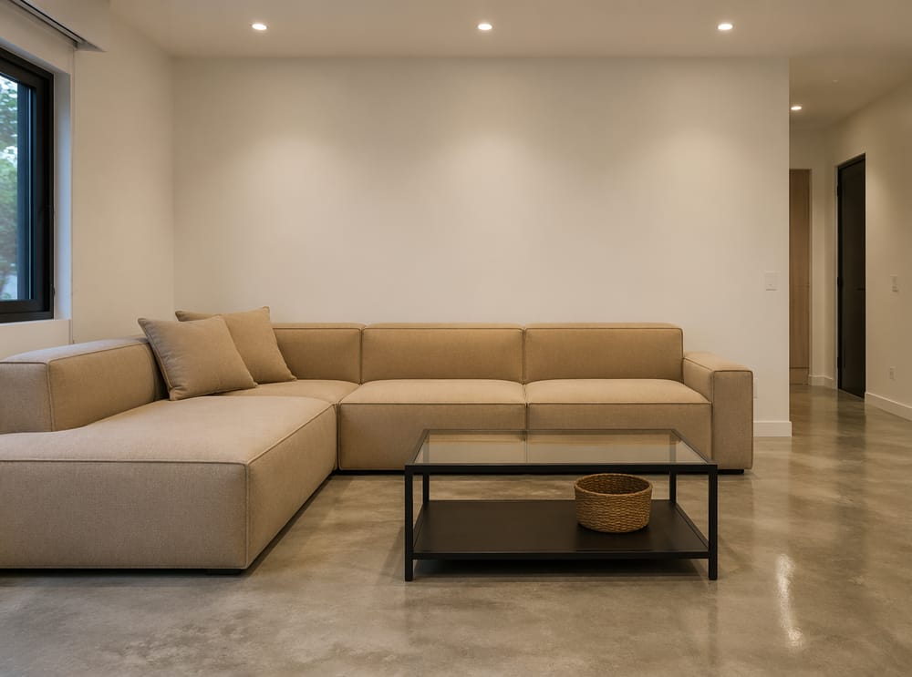 Sofá modular arena en la esquina, mesa de cristal y acero