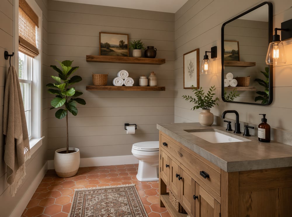 Shiplap greige con pavimento in esagonine terracotta