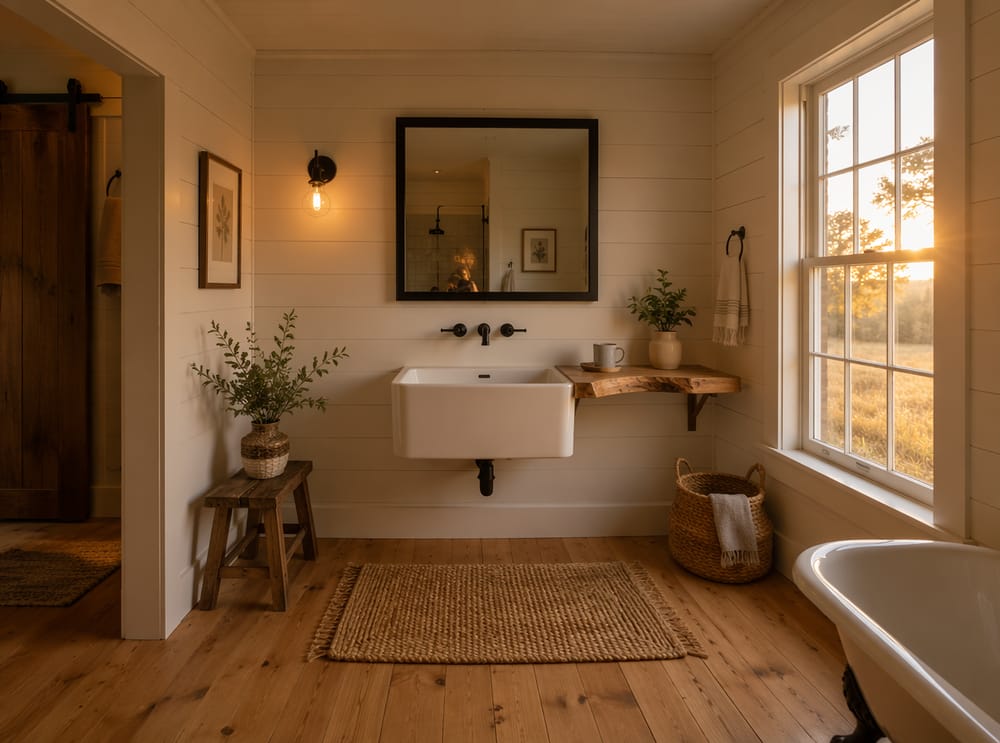 Luce dorata su shiplap e pavimento in pino