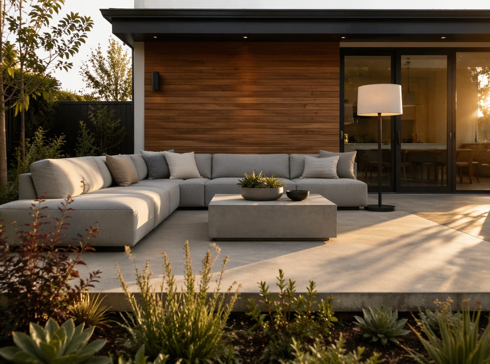 Canapé modulable longeant la plateforme en béton