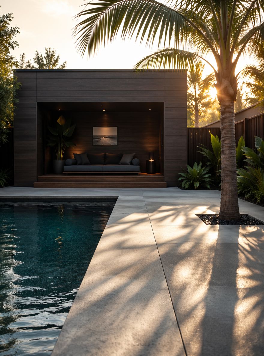 Cabane bois avec banquette intégrée face à la piscine