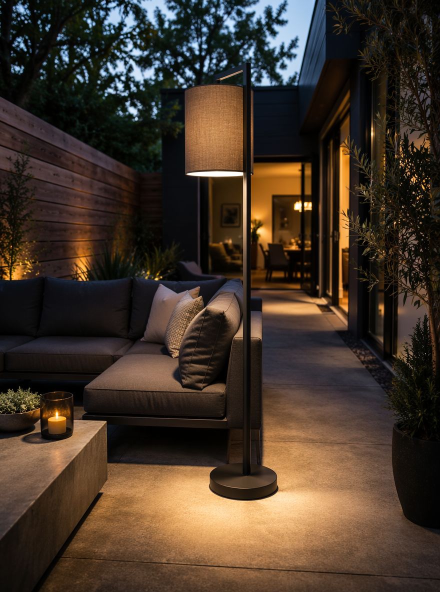 Lampadaire acier haut à l’angle du canapé d’extérieur