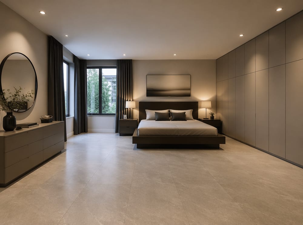 Push-to-open cabinetry wall beside stone tile floor