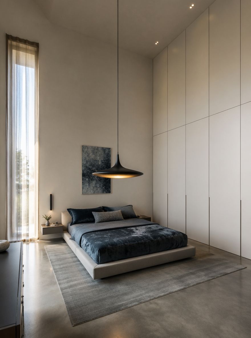 Oversized pendant above slate blue velvet bedding