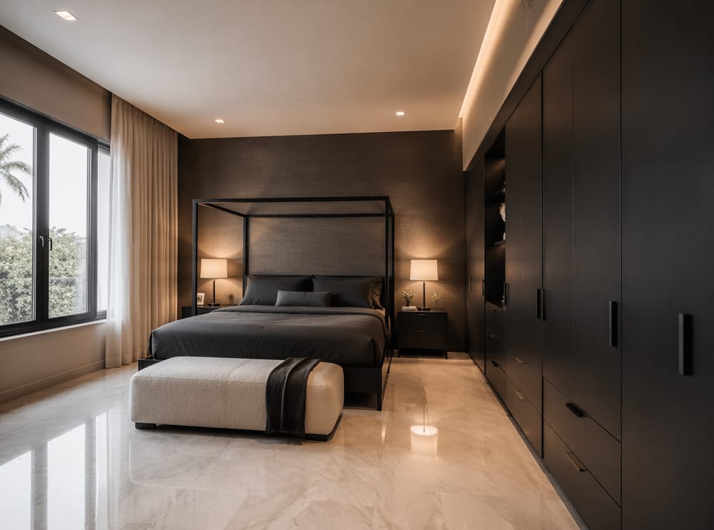 Matte black steel frame on polished marble floor