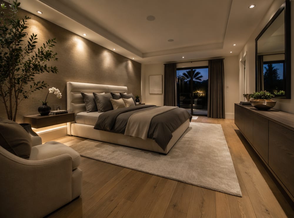 LED-lit floating shelves flanking ivory headboard