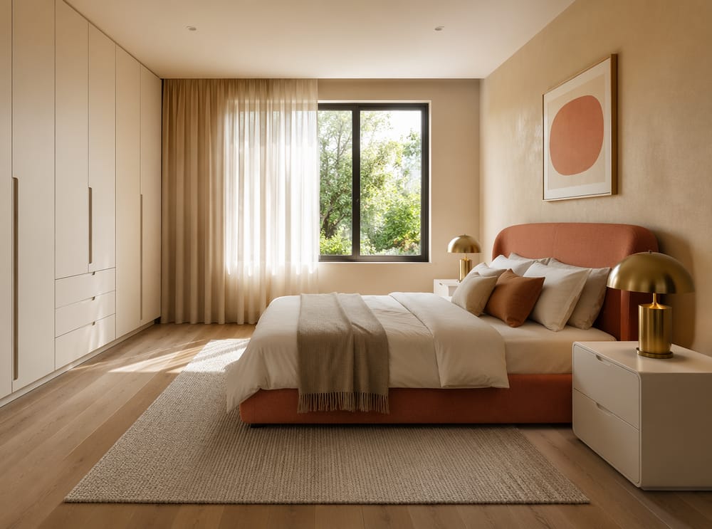 Curved terracotta headboard beside sheer-curtained window