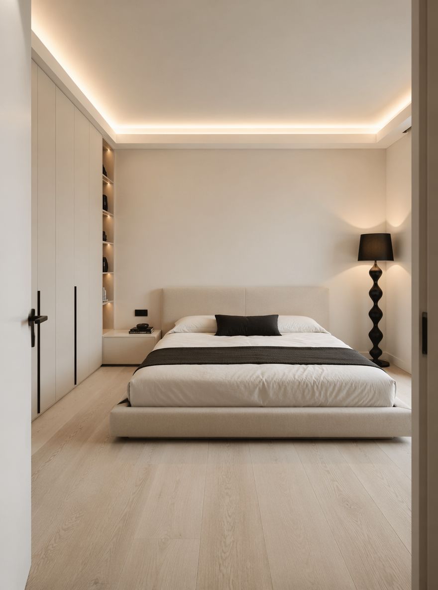 Tall storage panel beside sculptural floor lamp