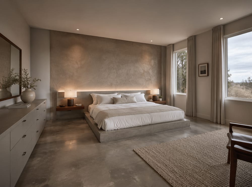Concrete-finish bed frame against textured plaster wall