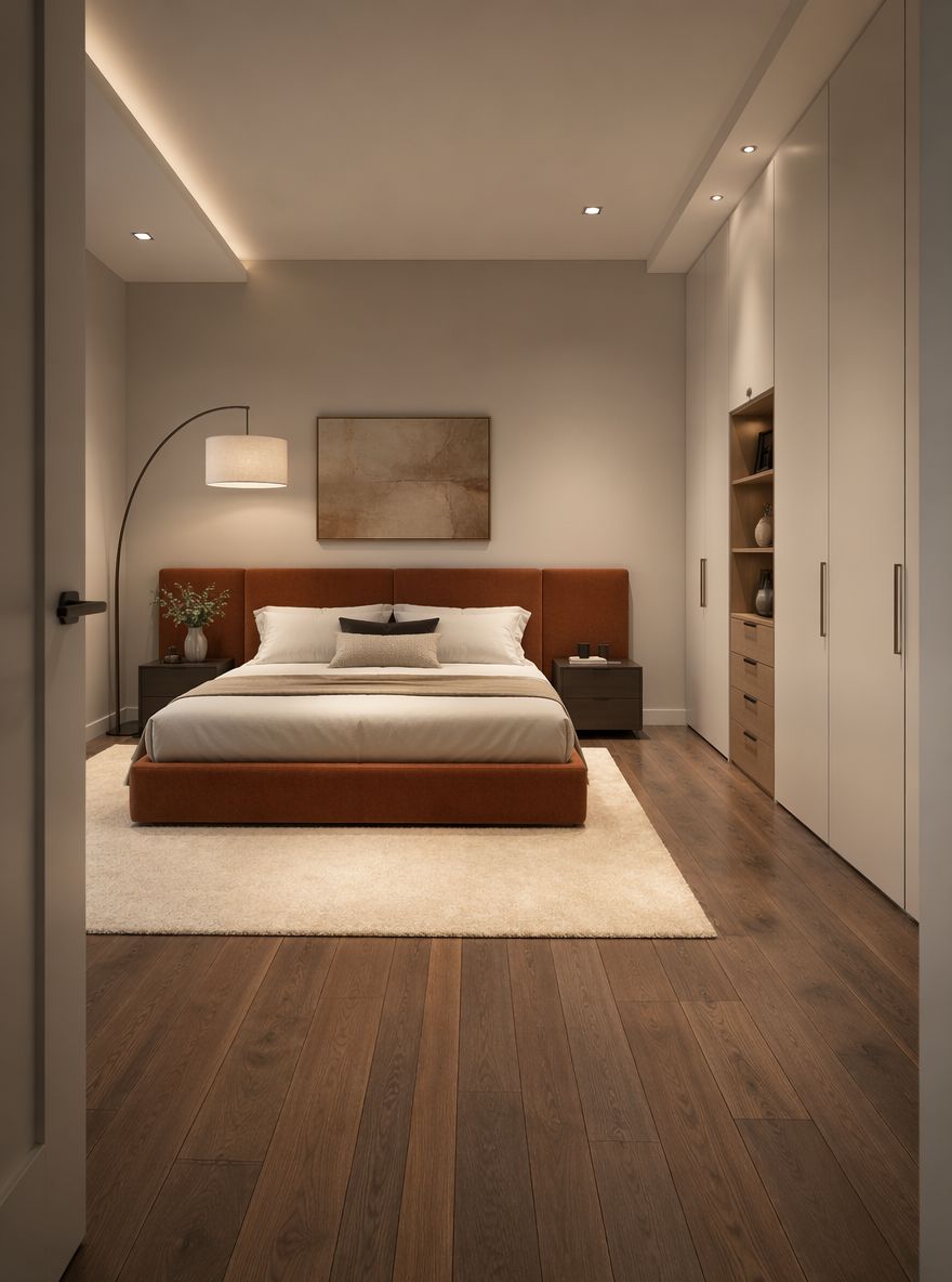 Arc floor lamp curving over rust linen headboard