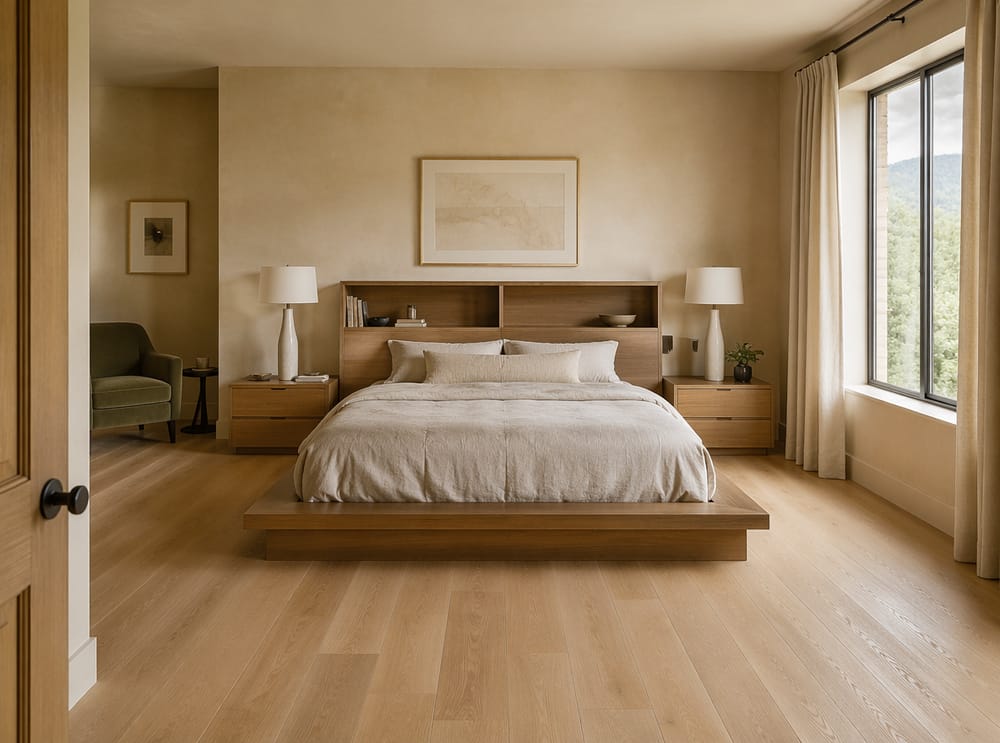 Olive accent chair beside storage headboard in oak