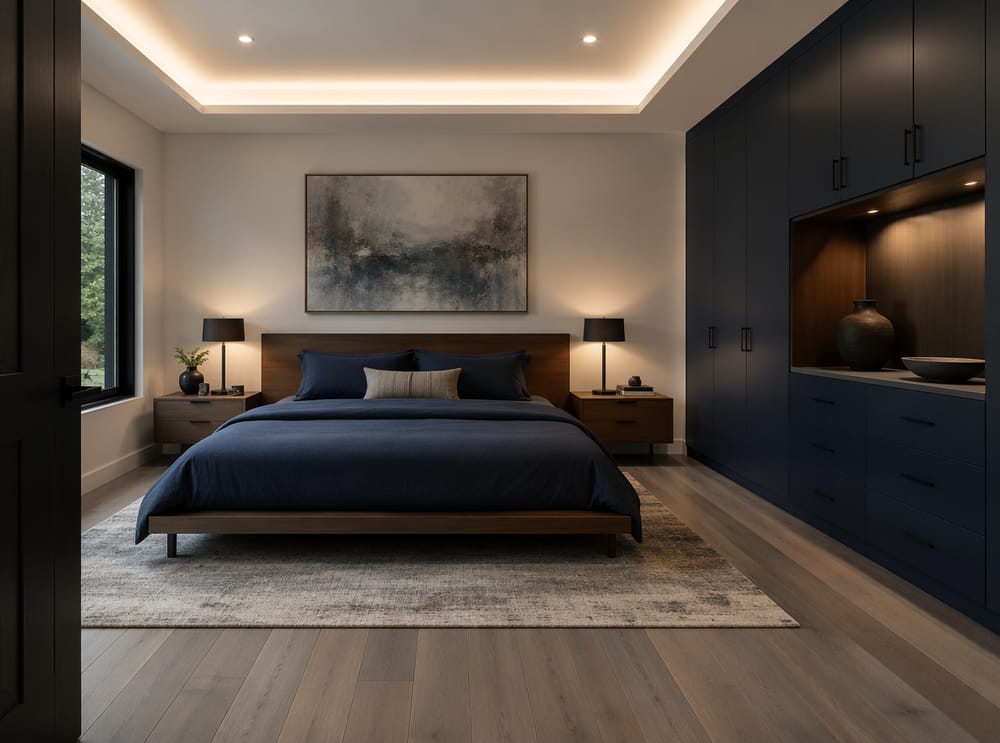 Navy lacquer cabinetry echoing deep navy bedding