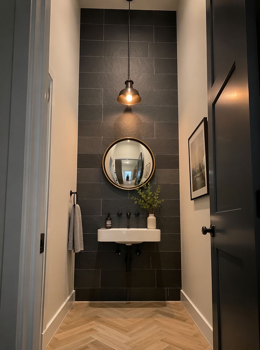 Dark slate accent wall with convex brass mirror