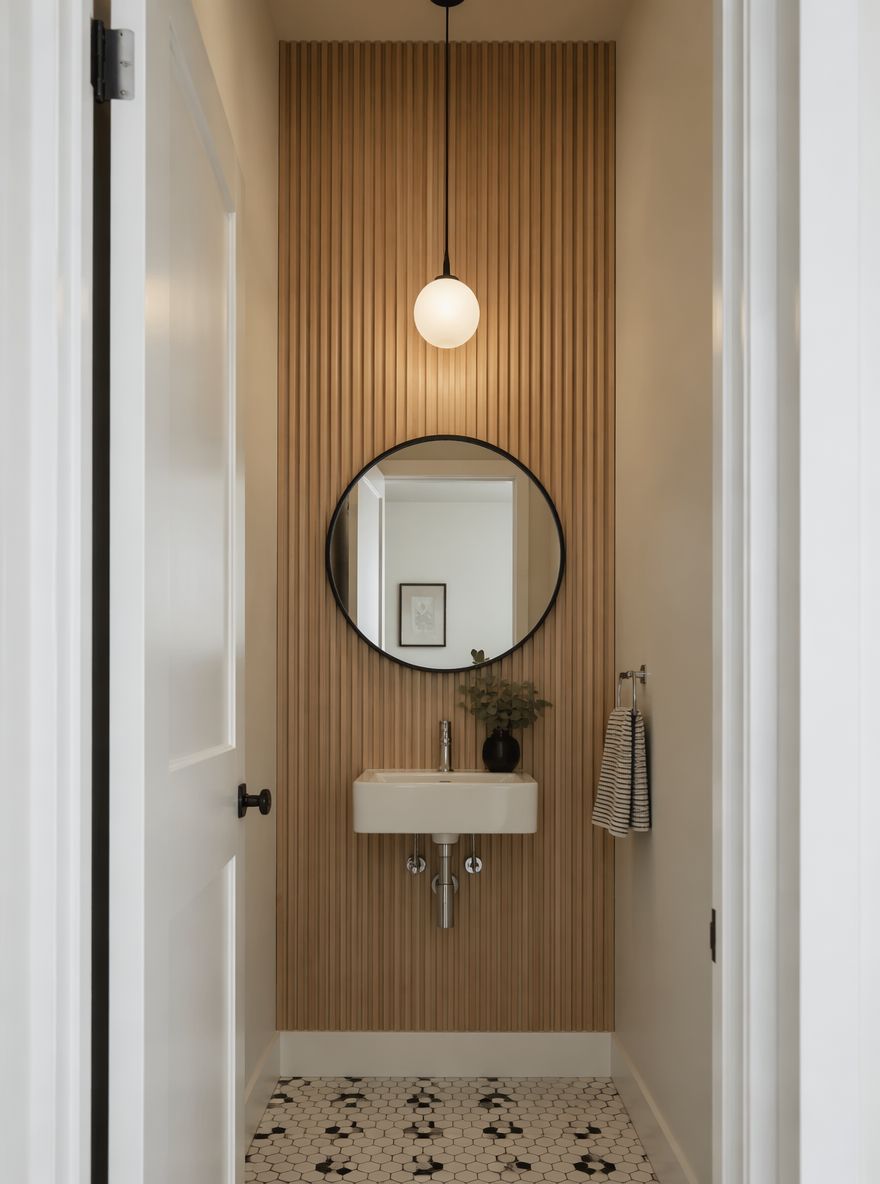 Fluted oak panels rising to high ceiling