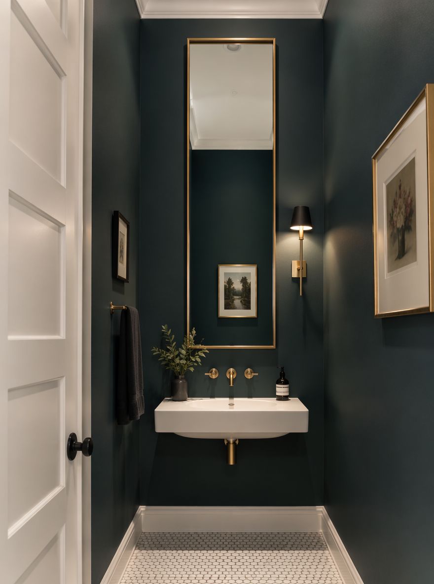 Ceiling-height teal wall with gold-framed mirror