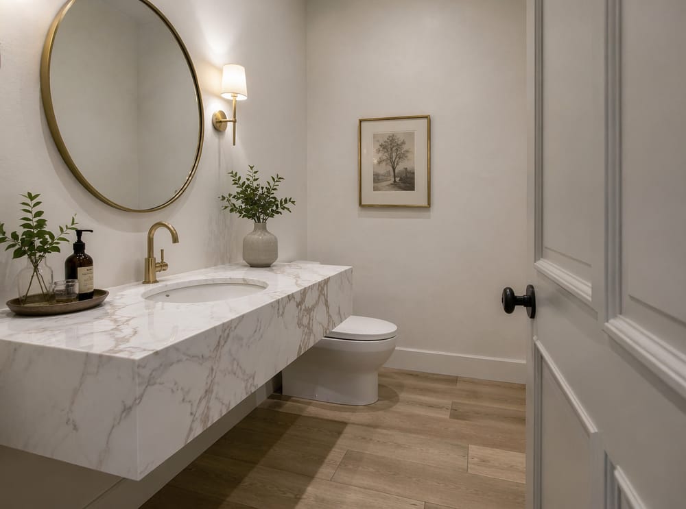 Calacatta marble counter with round gold mirror