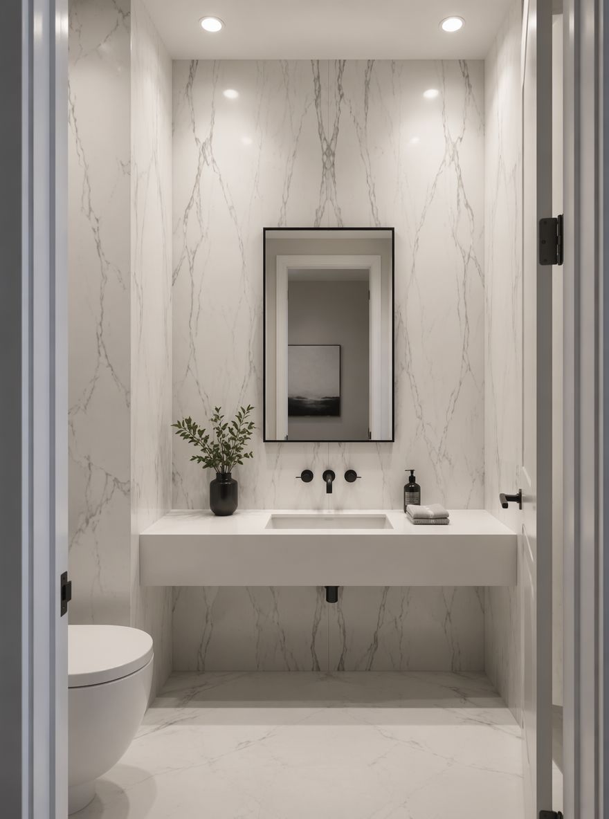 Book-matched marble slabs from floor to ceiling