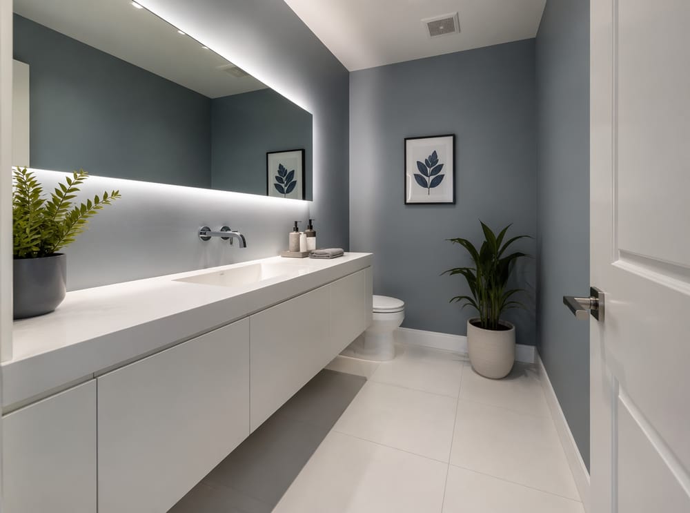 Dusty blue walls with full-width backlit mirror
