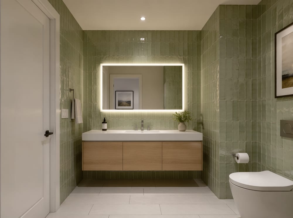 Ash wood vanity against sage zellige tile walls
