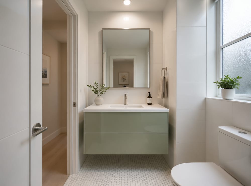Sage green lacquer cabinet with brushed nickel mirror