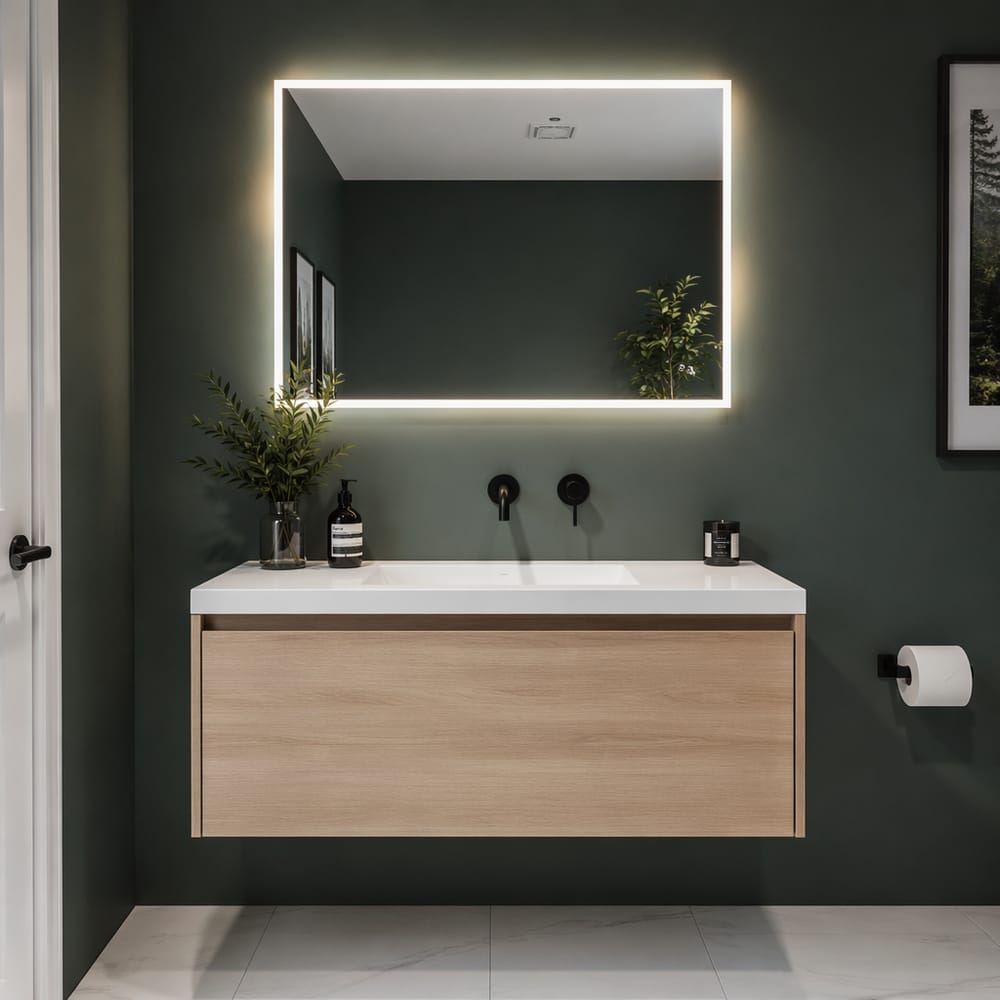 White oak cabinet against forest green matte walls