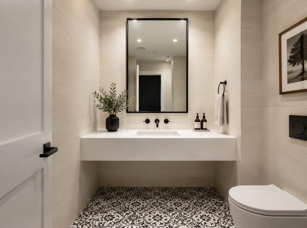 White quartz slab with encaustic patterned floor