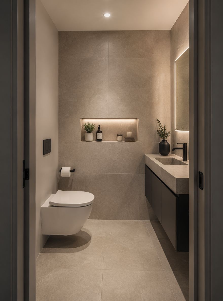 Rivestimento in gres beige a tutta altezza con nicchia incassata