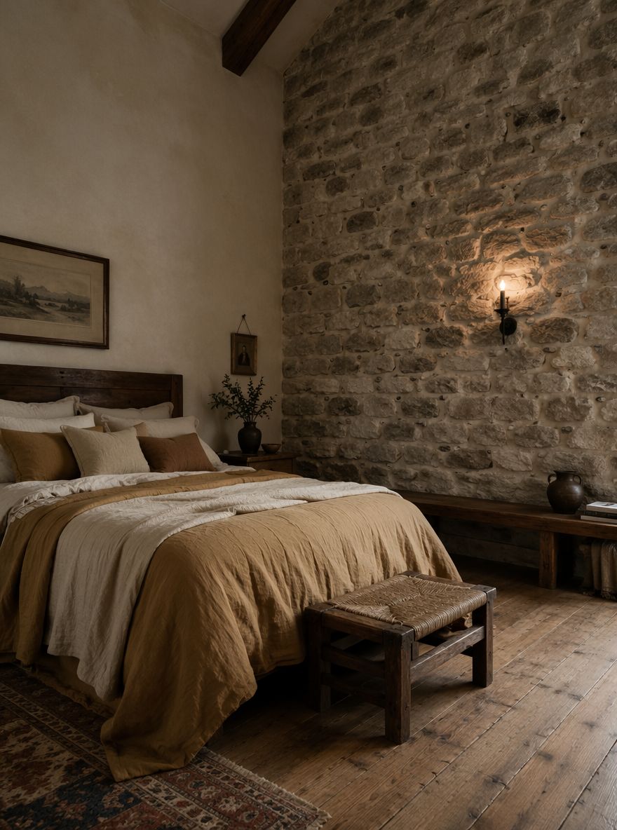 Chimenea de piedra junto a cama con capas de lino color ocre
