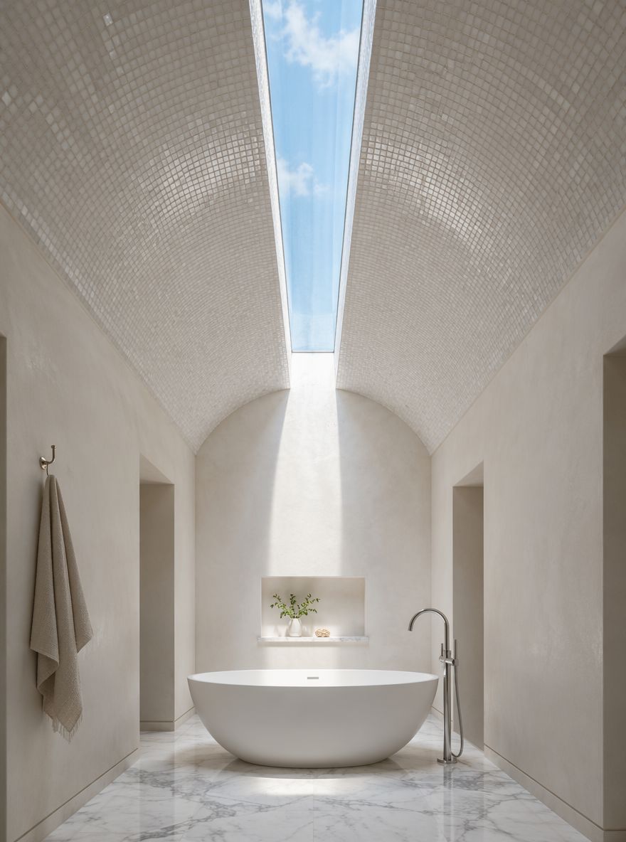 Soffitto a volta a botte con mosaico e lucernario sopra la vasca