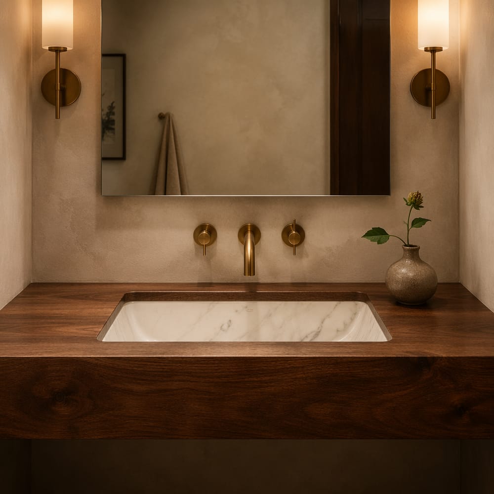 Piano lavabo in noce con rubinetto a parete in ottone spazzolato