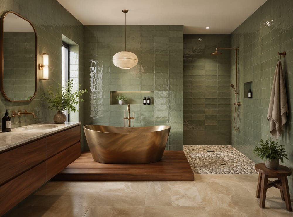 Bagno open space con rivestimento in piastrelle zellige