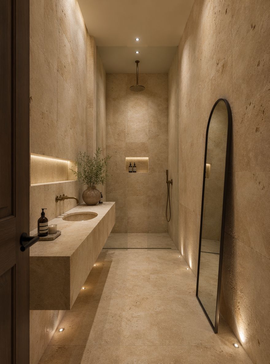 Bagno rivestito in travertino alto con specchio ad arco appoggiato